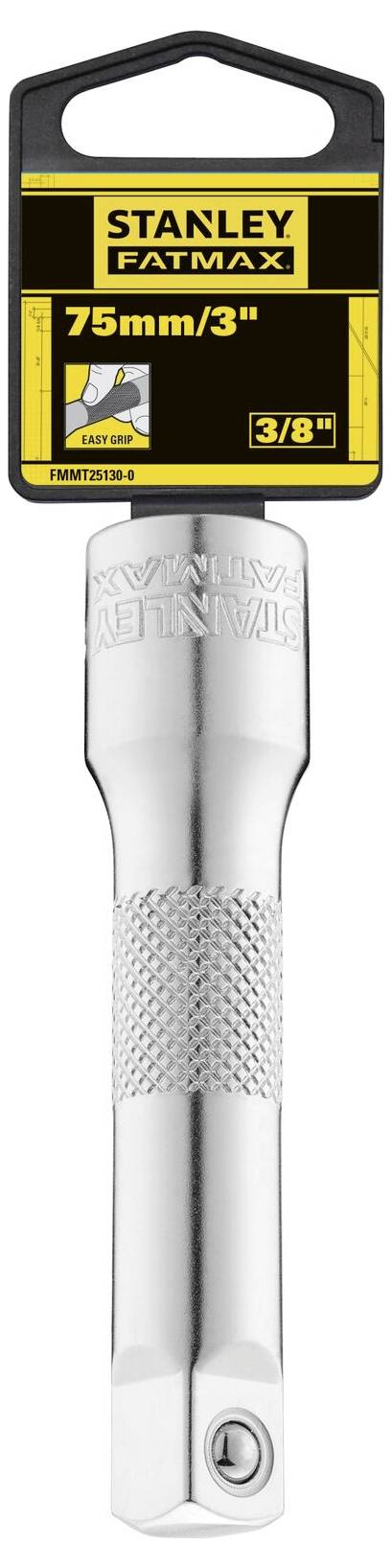 Przedłużka Stanley FatMax, długość 75 mm, złącze 3/8 cala. Opakowanie prezentuje wymiary i logo. Idealna do narzędzi.