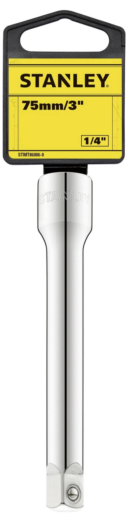 Srebrzysta stalowa przedłużka do klucza Stanley o długości 75 mm, w żółtym opakowaniu, oznaczona złączem '1/4"'.