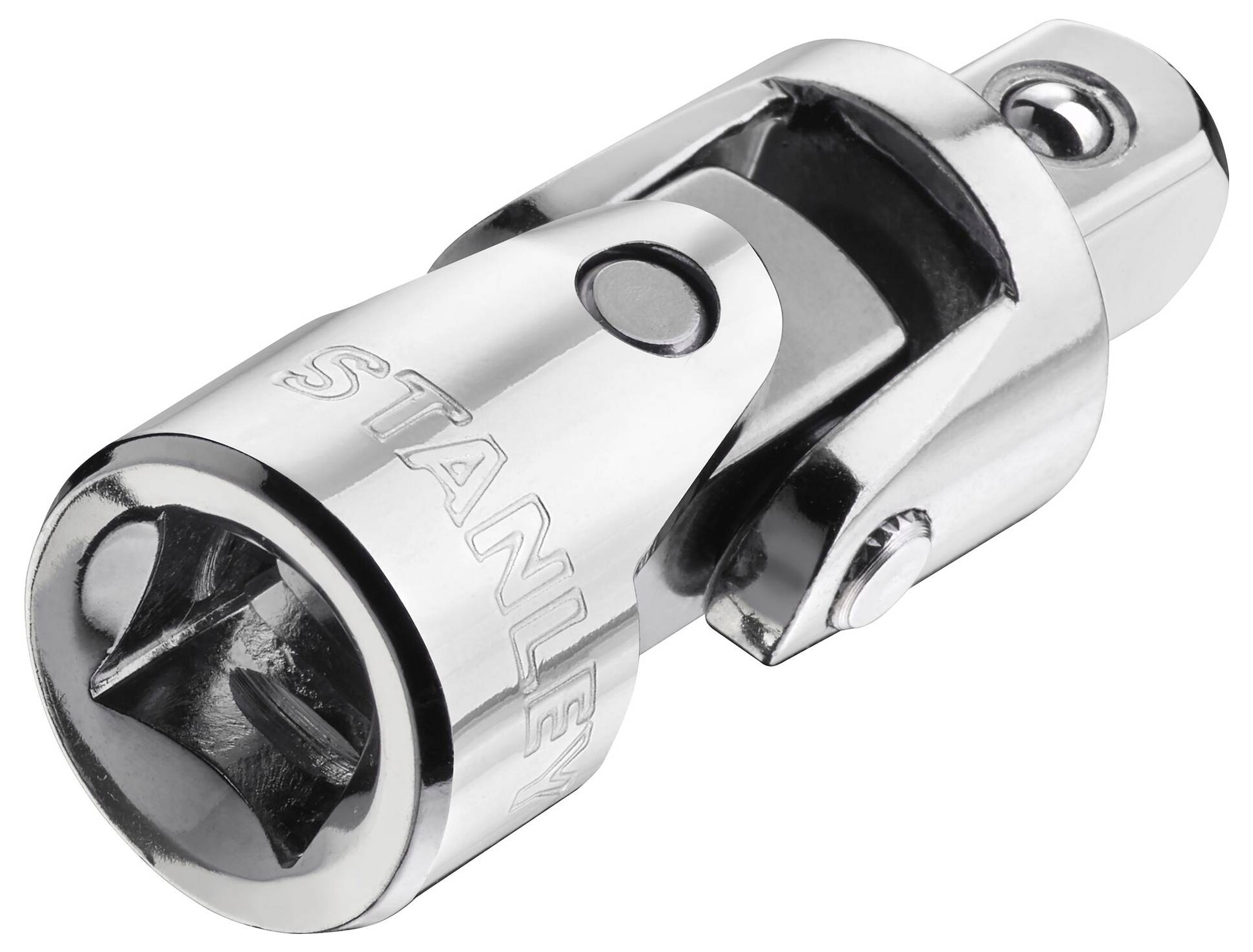 Chromowany przegub uniwersalny do grzechotek, zapewniający elastyczność podczas dokręcania. Wytłoczony znak firmowy 'STANLEY'.