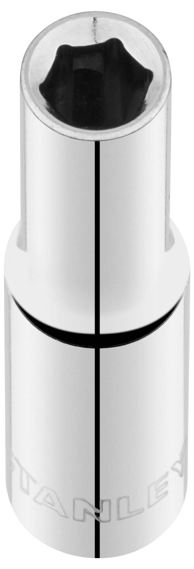 Srebrna wtyczka z sześciokątnym wzorem wewnątrz, stojąca pionowo. Na dolnej krawędzi widnieje napis 'Stanley'.