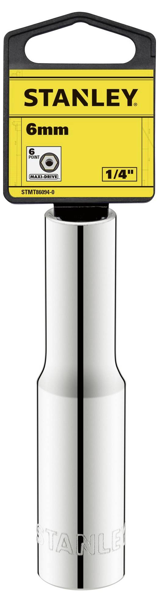 Nasadka klucza Stanley, 6 mm, 1/4 cala, srebrzysto-błyszcząca, z żółtą etykietą.