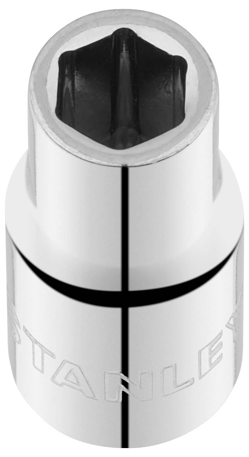 Metalowy klucz nasadowy z sześciokątnym otworem, odpowiedni do śrub i nakrętek. Z boku grawerowany napis "STANLEY".