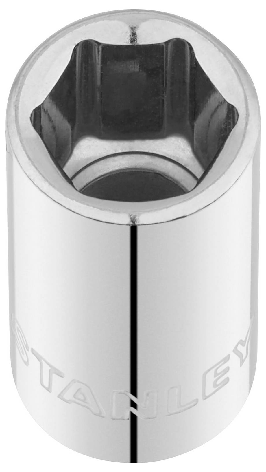 Srebrny orzech wtykowy, sześciokątny, z wygrawerowanym napisem 'STANLEY' na boku, na białym tle.