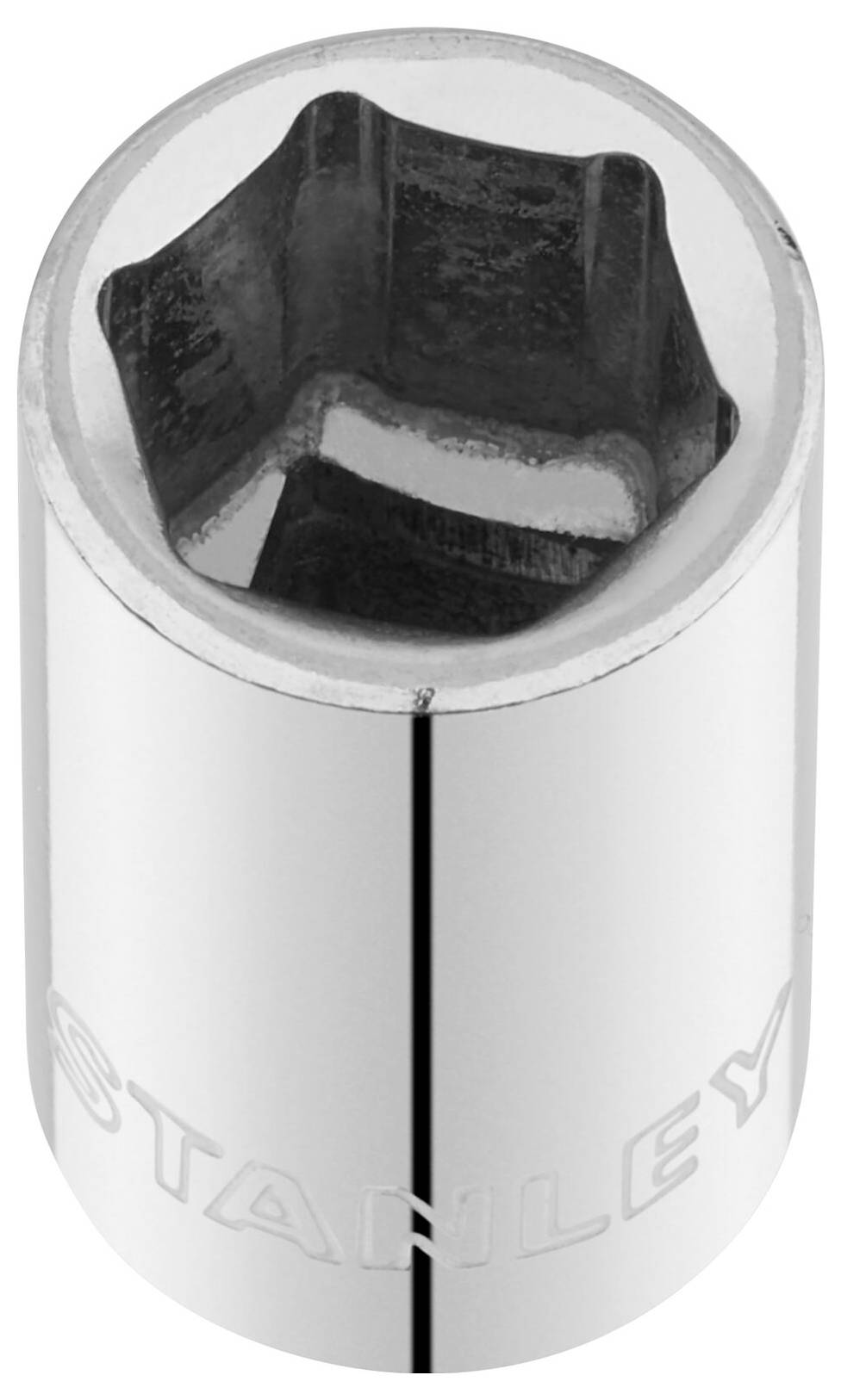 Sześciokątny klucz nasadowy o metalicznym połysku, oznaczony napisem 'Stanley', używany do odkręcania lub dokręcania śrub.