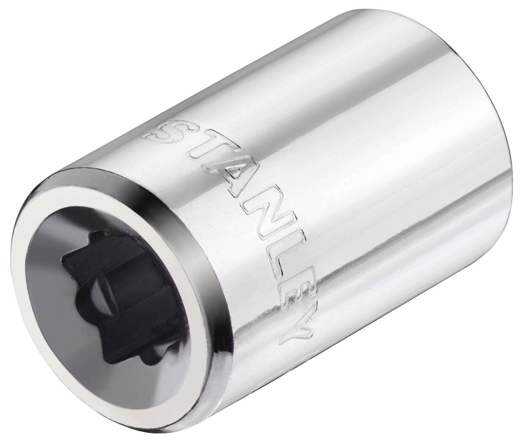 Sześciokątna metalowa nasadka z wytłoczonym napisem 'Stanley', błyszcząca i srebrna, odpowiednia do połączeń śrubowych.