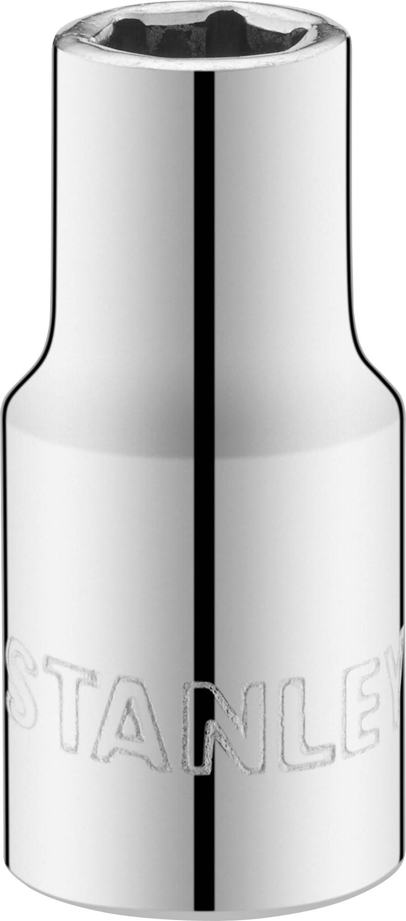 Metalowy klucz nasadowy z wygrawerowaną nazwą marki, o błyszczącej powierzchni, w kształcie cylindra.