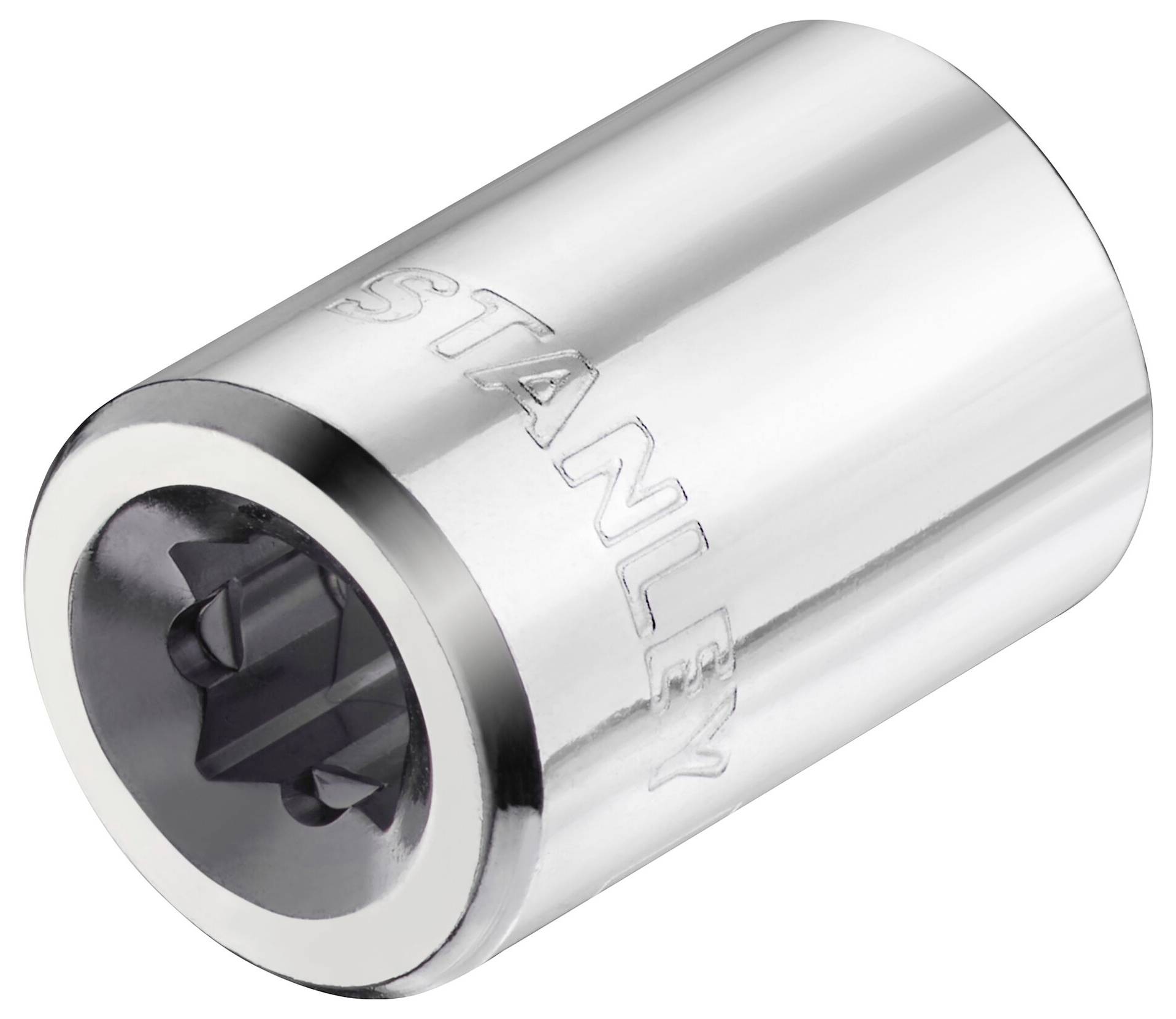 Metalowa nakrętka z napisem 'Stanley', o połyskującej powierzchni, stożkowata, z sześciokątnym otworem do połączeń śrubowych.