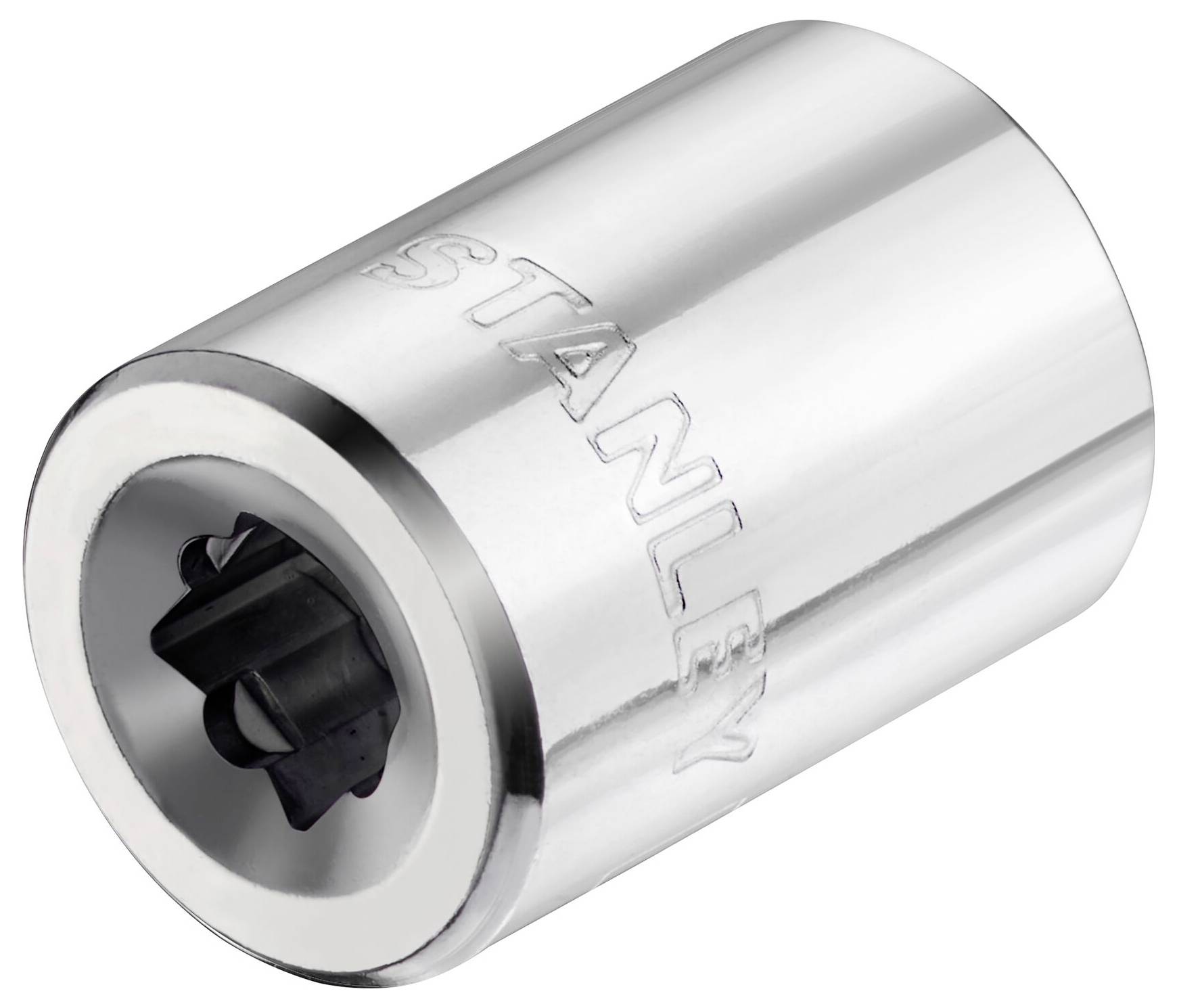 Srebrny, cylindryczny uchwyt narzędziowy z napisem 'STANLEY' na boku.