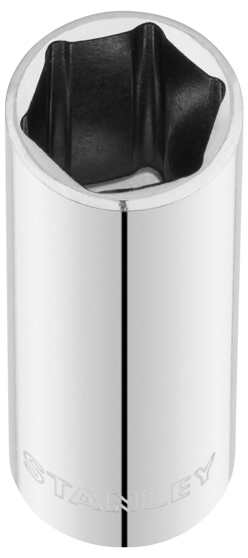 Metalowy uchwyt klucza nasadowego w kształcie cylindra, odpowiedni do prac śrubowych. Oznaczenie: 'Stanley'.