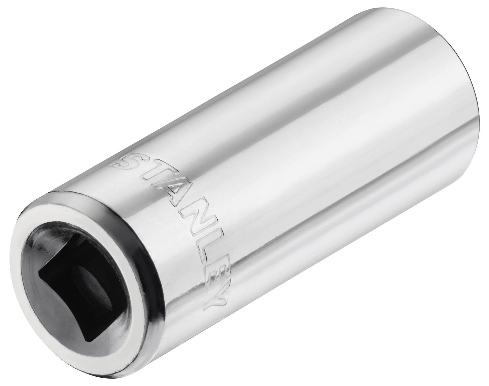 Srebrny łącznik z kwadratowym otworem na jednym końcu, z wygrawerowaną nazwą marki 'Stanley'. Narzędzie służące do dokręcania śrub.