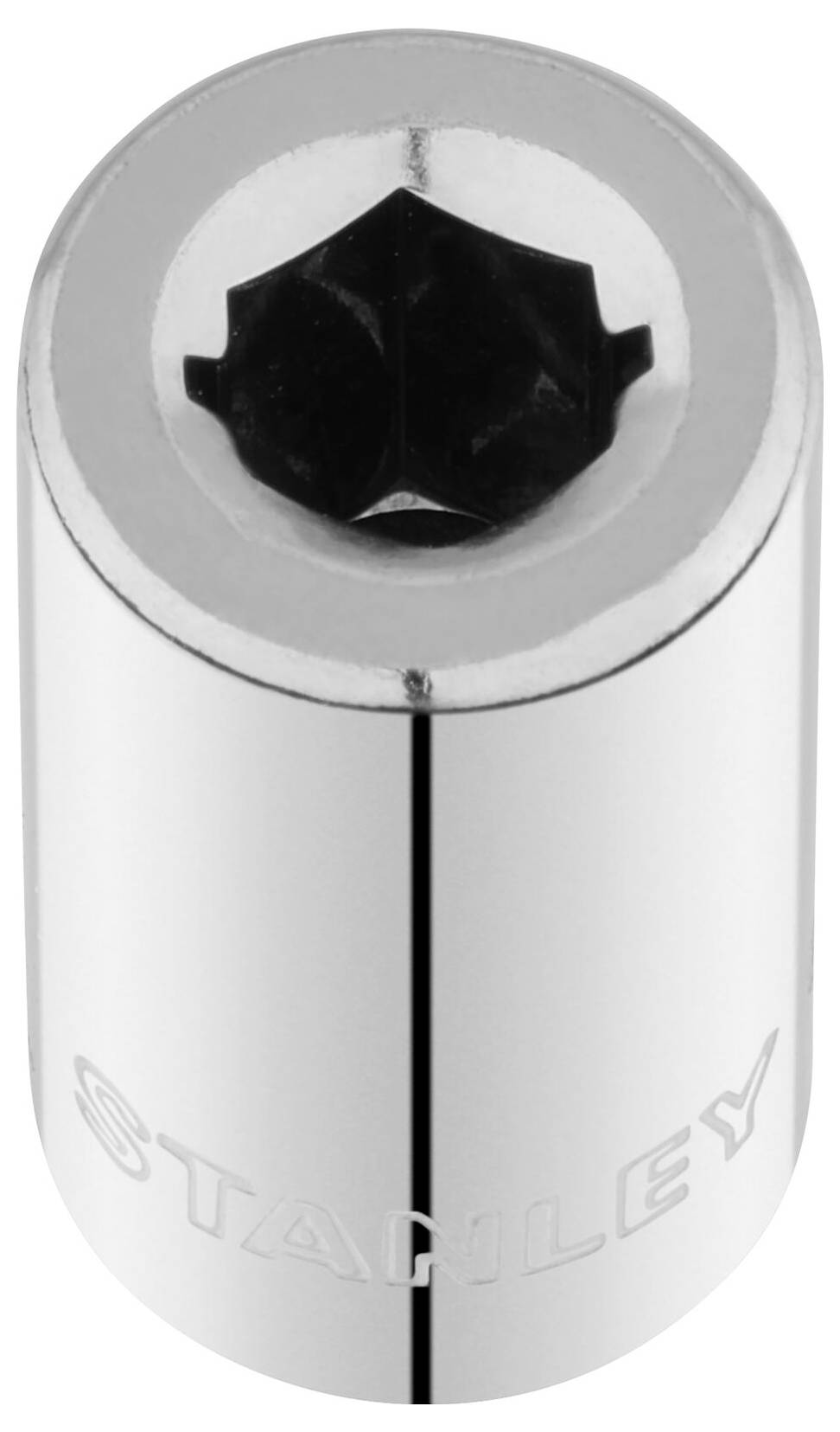 Srebrny adapter do klucza nasadowego z czarnym profilem wewnętrznym, na którym wygrawerowano napis 'STANLEY'.