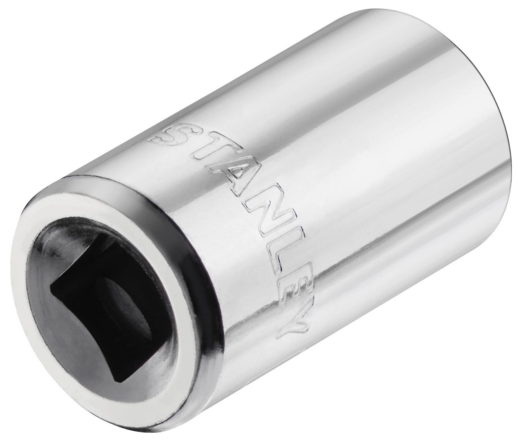 Ilustracja przedstawia srebrną sześciokątną nasadkę z napisem 'Stanley', która jest używana do prac ślusarskich.