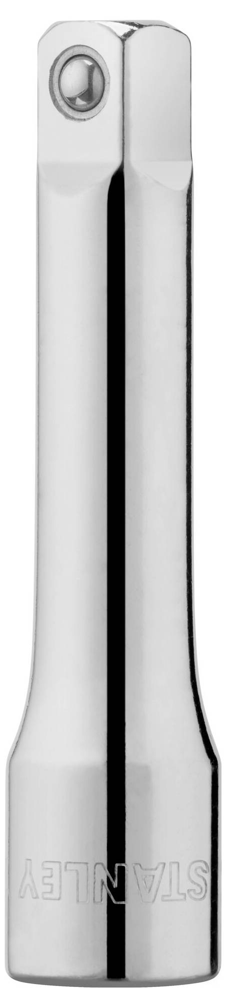 Metalowe przedłużenie do zestawu kluczy nasadowych, cylindryczne o srebrnej powierzchni. Napis 'STANLEY' jest wygrawerowany.