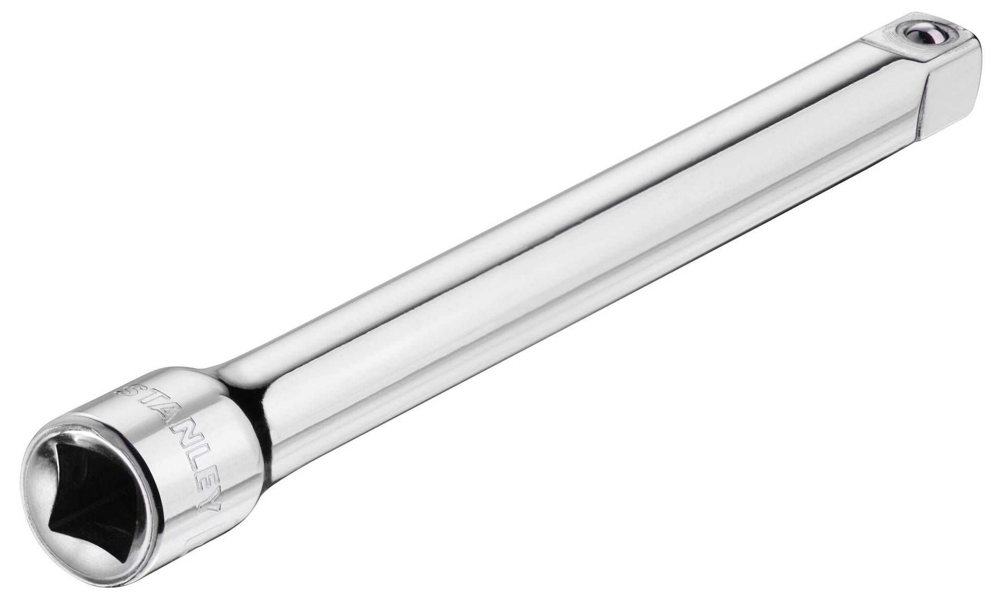 Przedłużka do klucza nasadowego, srebrnego koloru, wykonana z wytrzymałego metalu, z prostokątnym złączem po jednej stronie, o gładkiej powierzchni.