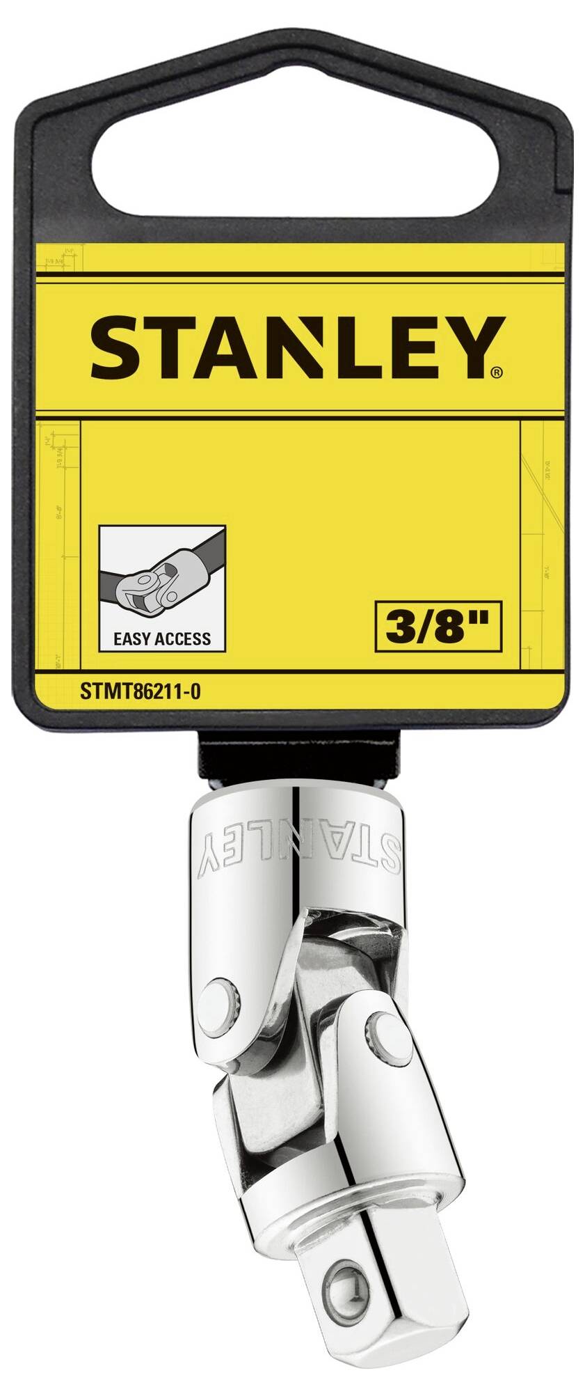 Adapter przegubowy firmy Stanley, zapakowany w żółty uchwyt, podkreślający dostępność adaptera 3/8 cala. Idealny do elastycznego użycia narzędzi.