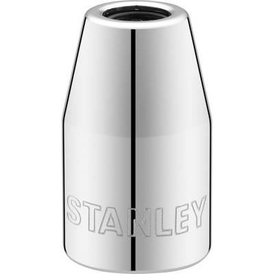 Metalowa tuleja z napisem 'Stanley', o kształcie cylindrycznym, o błyszczącej powierzchni.