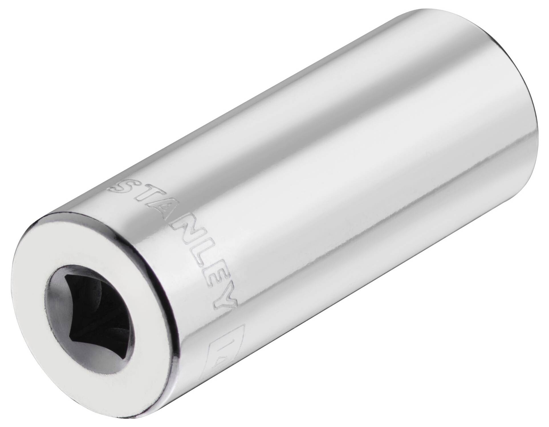 Srebrzysta nakrętka sześciokątna, cylindryczna z gniazdem sześciokątnym, odpowiednia do połączeń śrubowych. Na powierzchni wygrawerowana nazwa marki 'STANLEY'.