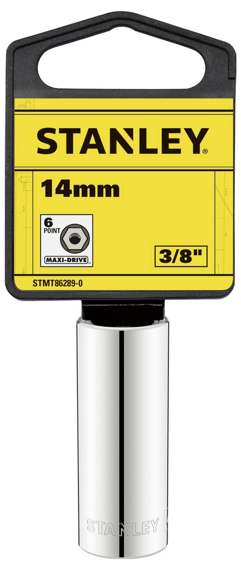 Nasadka Stanley, rozmiar 14 mm, napęd 3/8 cala. Profil sześciokątny, kompatybilny z systemami Maxi-Drive.