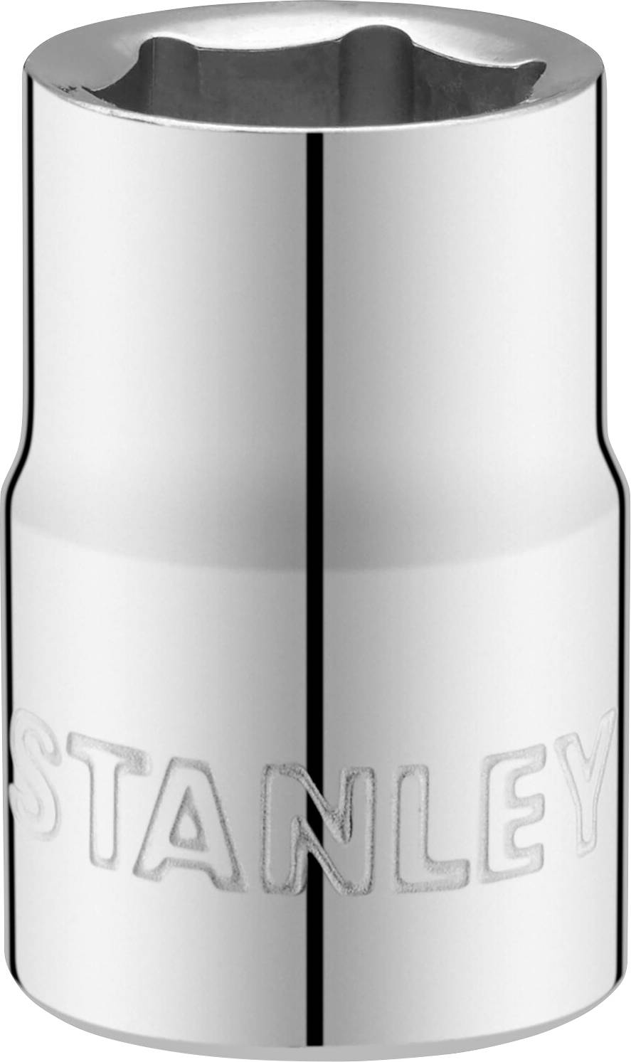 Chromowany nasadowy klucz z grawerem "STANLEY", służący do dokręcania lub poluzowywania połączeń śrubowych.