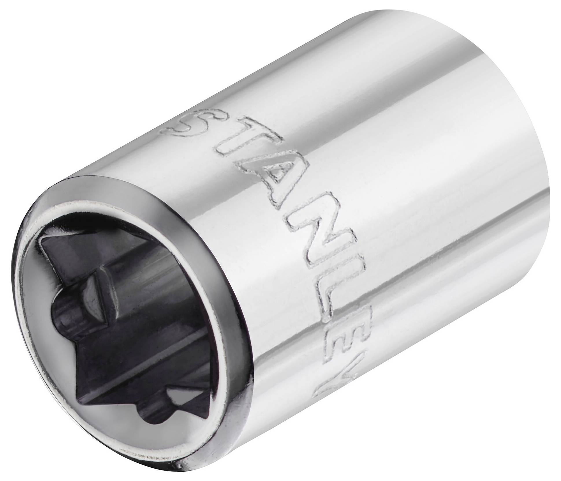 Metalowa nasadka sześciokątna z połyskiem, oznaczona logo 'Stanley', stosowana w pracach rzemieślniczych.