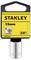 Srebrny klucz nasadowy Stanley o rozmiarze 13 mm, o profilu 6-punktowym, z napędem 3/8". Żółta etykieta produktu z logo marki.