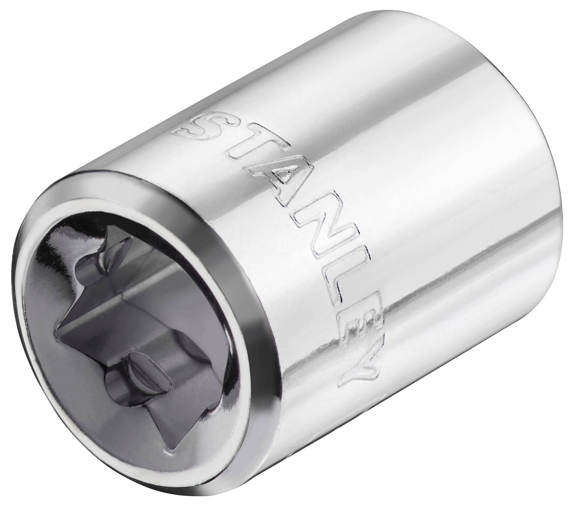 Metalowe klucze nasadowe z grawerem 'STANLEY', o cylindrycznym kształcie, srebrzyście połyskujące. Najczęściej stosowane w zestawach narzędziowych.