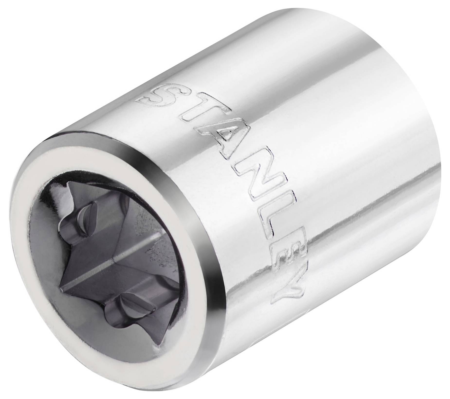 Metalowa nasadka klucza z wytłoczonym napisem 'Stanley', używana do dokręcania lub odkręcania śrub i nakrętek.