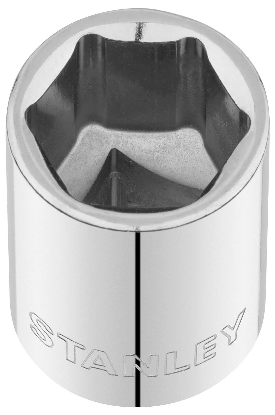 Sześciokątny klucz nasadowy z napisem 'STANLEY', chromowany, do prac śrubowych.