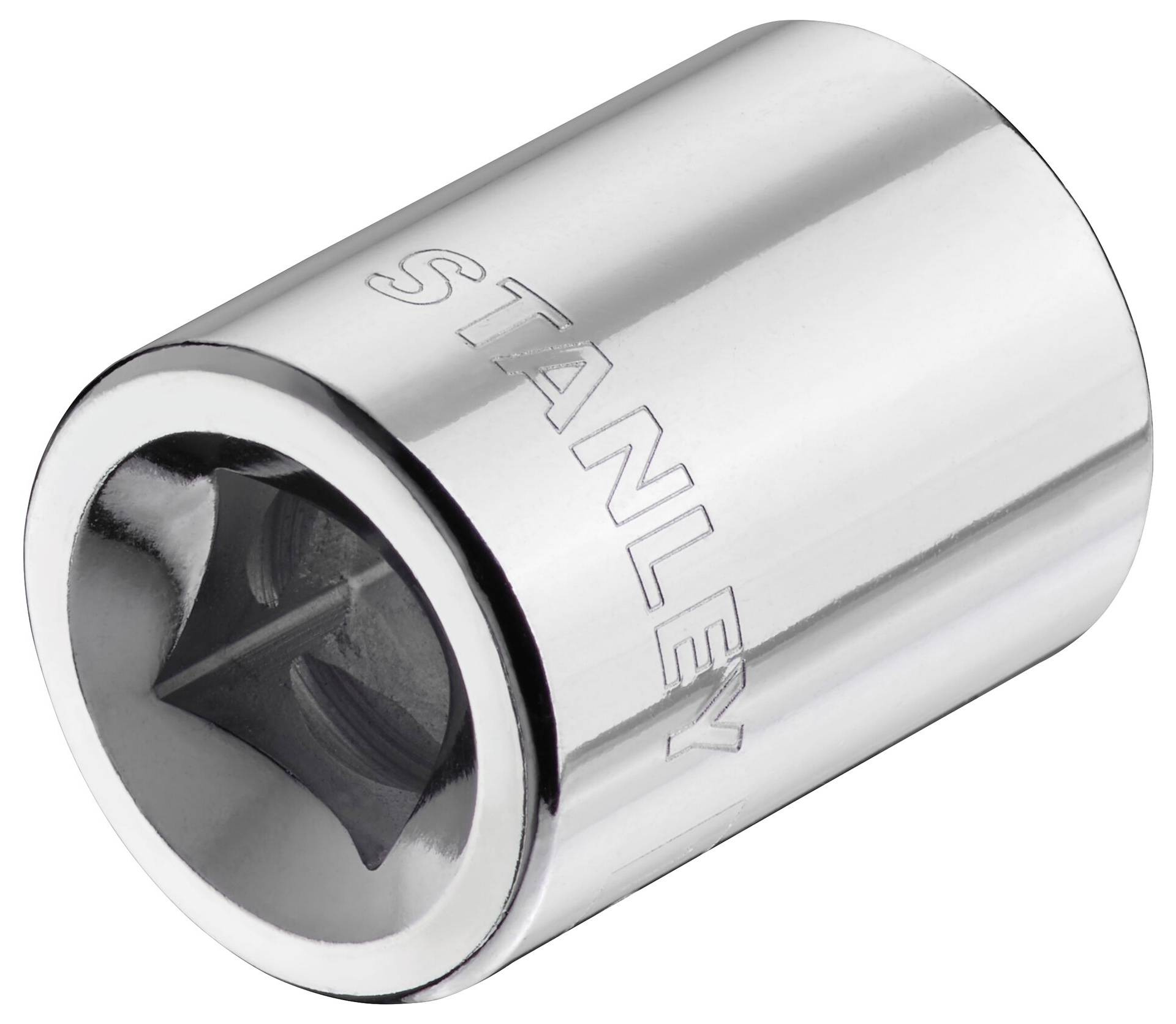 Srebrny uchwyt na klucze z wygrawerowanym napisem 'STANLEY', cylindryczny, odpowiedni do narzędzi śrubowych.