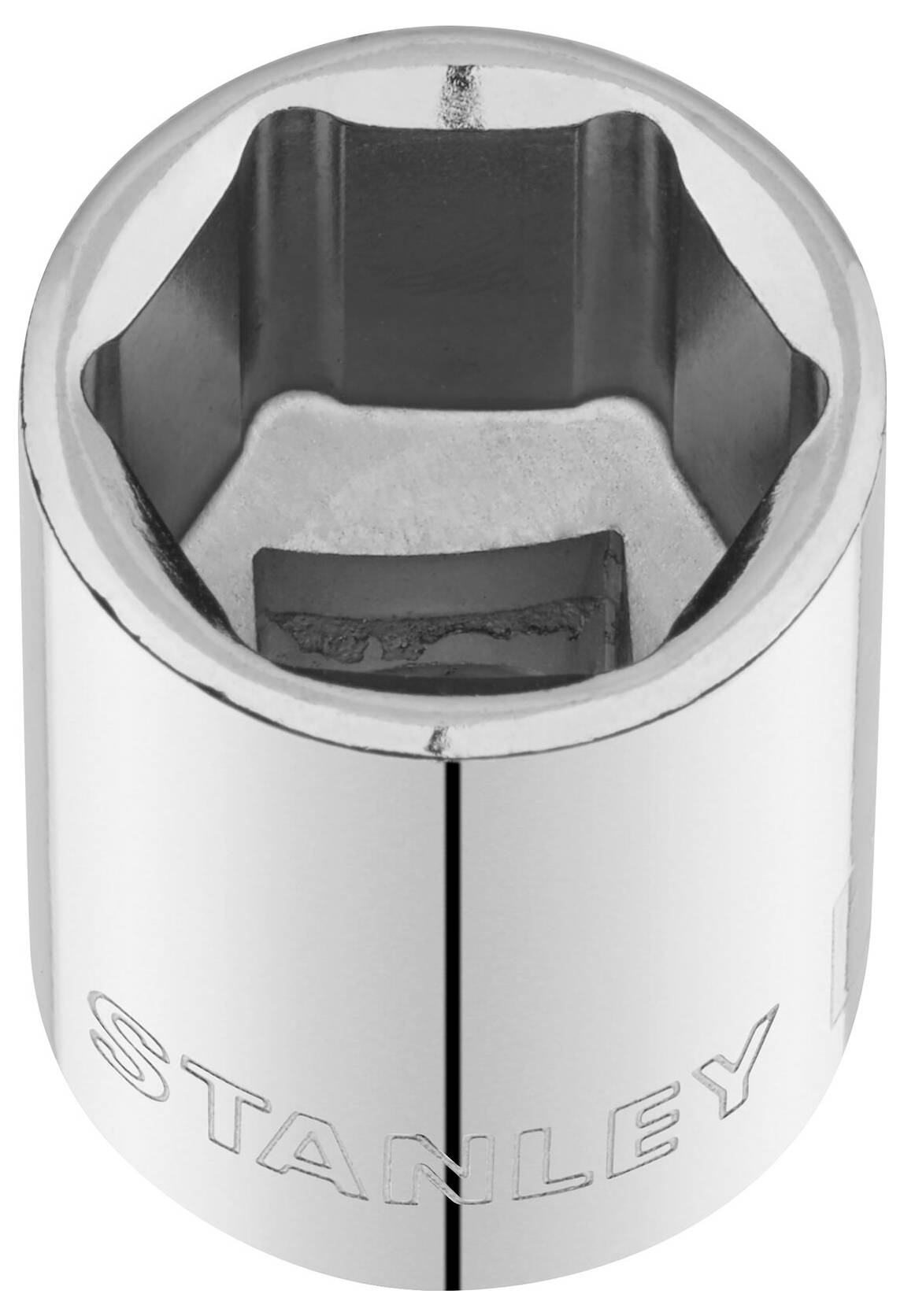 Klucz nasadowy sześciokątny, o błyszczącym metalicznym wykończeniu z wytłoczonym napisem 'STANLEY'. Odpowiedni do prac śrubowych.