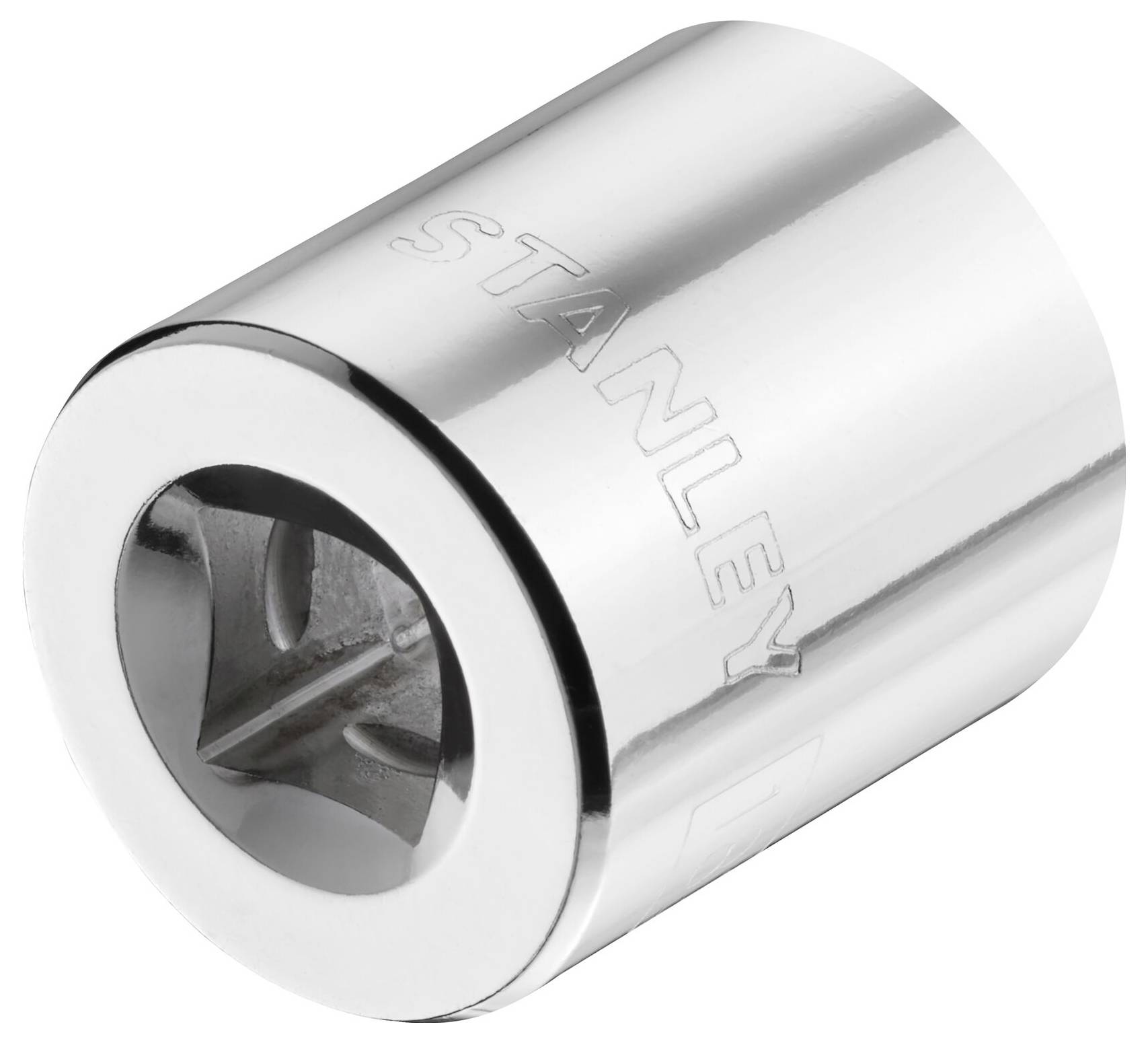 Metalowy uchwyt nasadowy z napisem 'Stanley', błyszczący srebrny, o cylindrycznym kształcie, przeznaczony do przechowywania kluczy nasadowych.