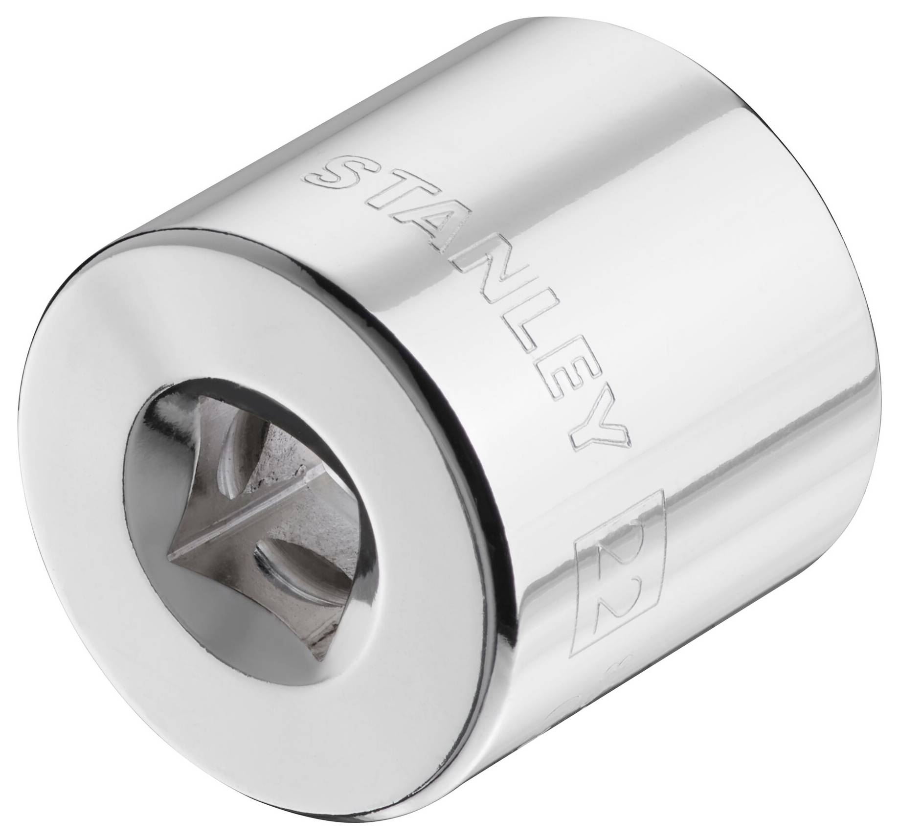 Błyszcząca nakrętka z wytłoczonym napisem 'STANLEY'. Posiada sześciokątny otwór do zamocowania na kluczu nasadowym.
