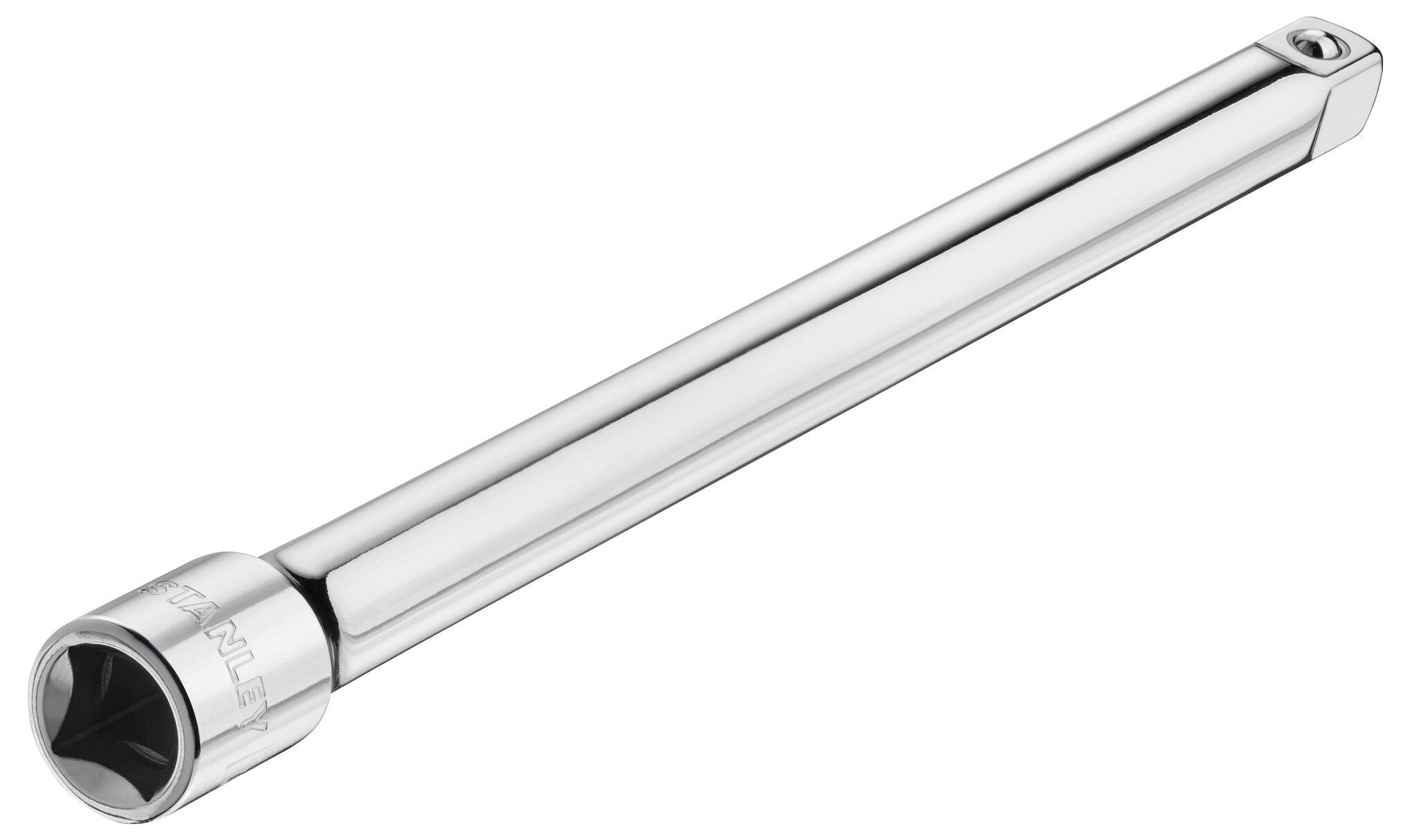 Chromowany pręt przedłużający klucz nasadowy z sześciokątnym gniazdem u góry po lewej stronie i kwadratowym końcem po prawej stronie.