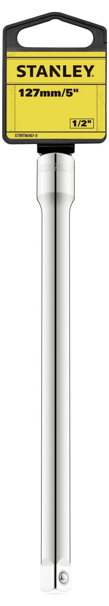 Przedłużka 'Stanley', 127 mm (5 cali), napęd 1/2 cala, na żółtej etykiecie, narzędzie srebrnego koloru, odpowiednie do kompletów kluczy nasadowych.