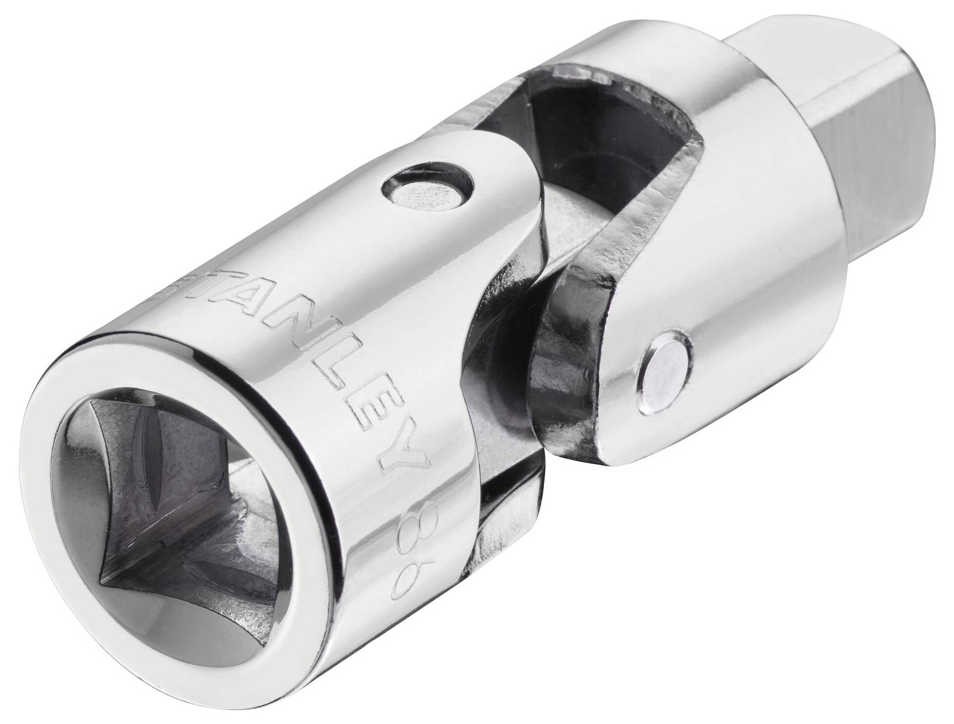 Błyszczące, srebrne uniwersalne narzędzie przegubowe, które służy do łączenia kluczy i poruszania się w ciasnych przestrzeniach.