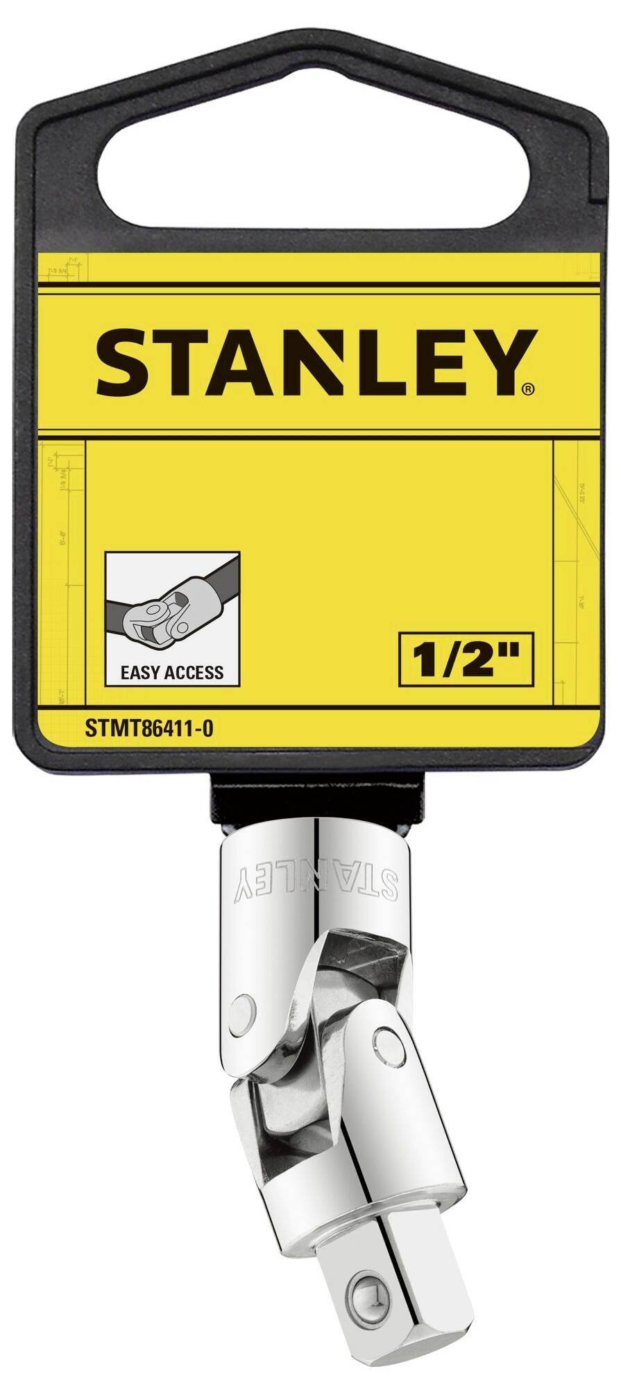 Opakowanie produktowe 'STANLEY' z uniwersalnym przegubem, rozmiar 1/2". Tekst 'EASY ACCESS' i kod produktu 'STMT86411-0'.