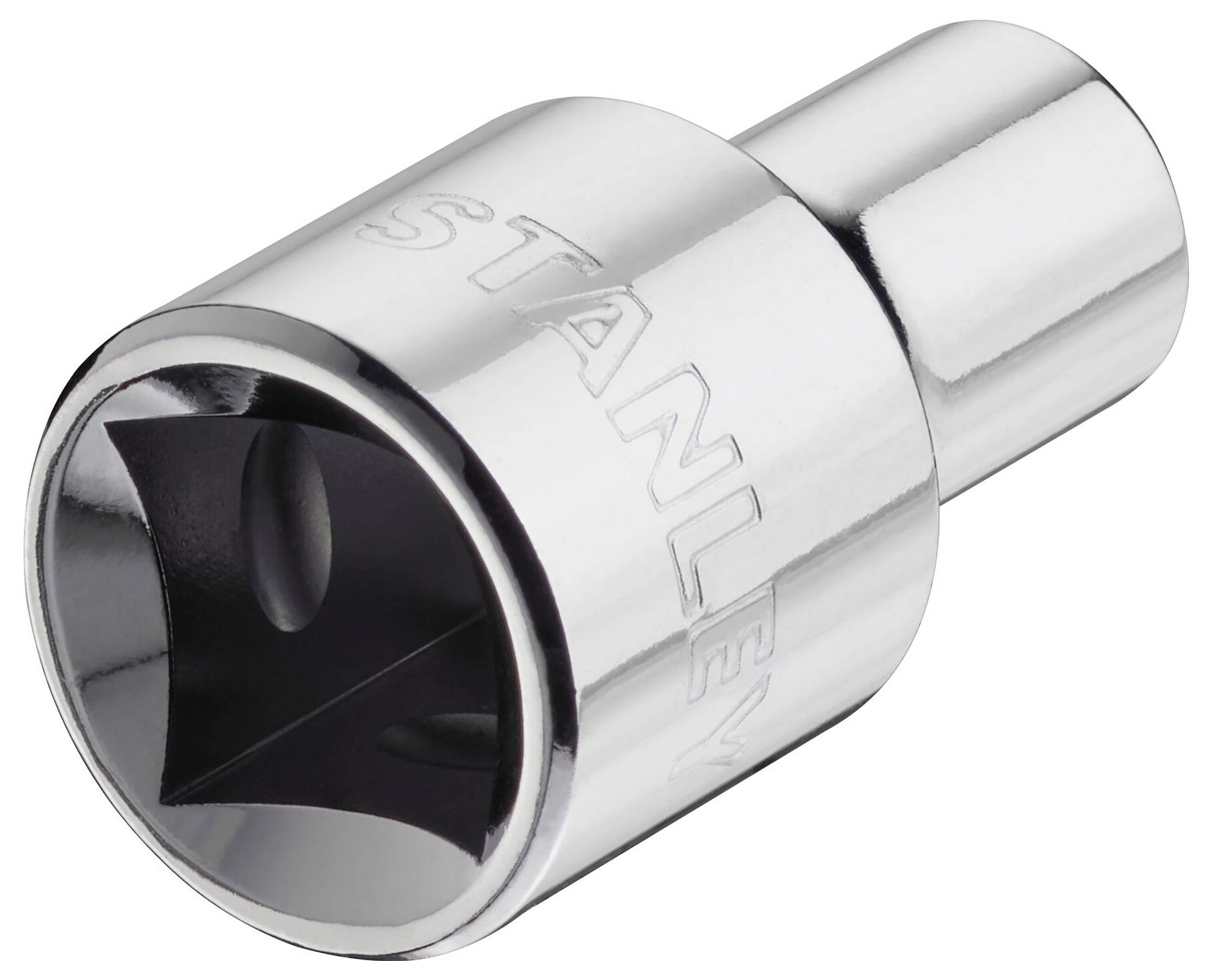 Srebrny adapter do nakrętek z kwadratowym zakończeniem z napisem 'STANLEY' na boku.