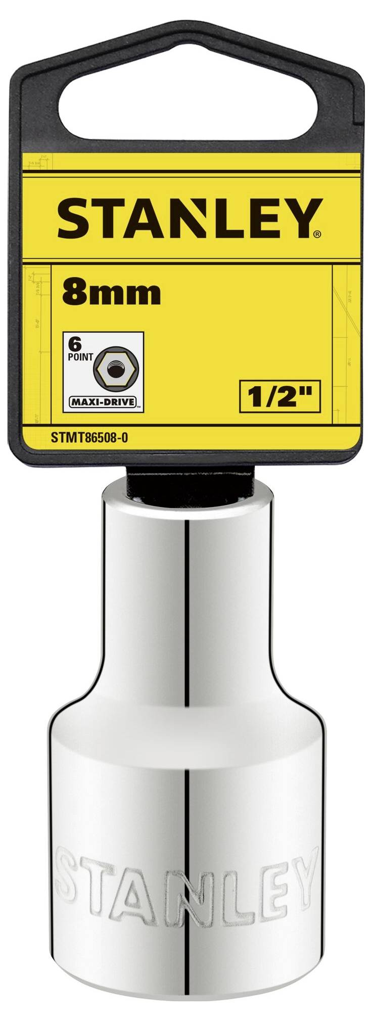 Klucz nasadowy marki Stanley, 8 mm, 1/2 cala, z sześciokątnym chwytem. Opakowanie wskazuje rozmiar klucza i markę.
