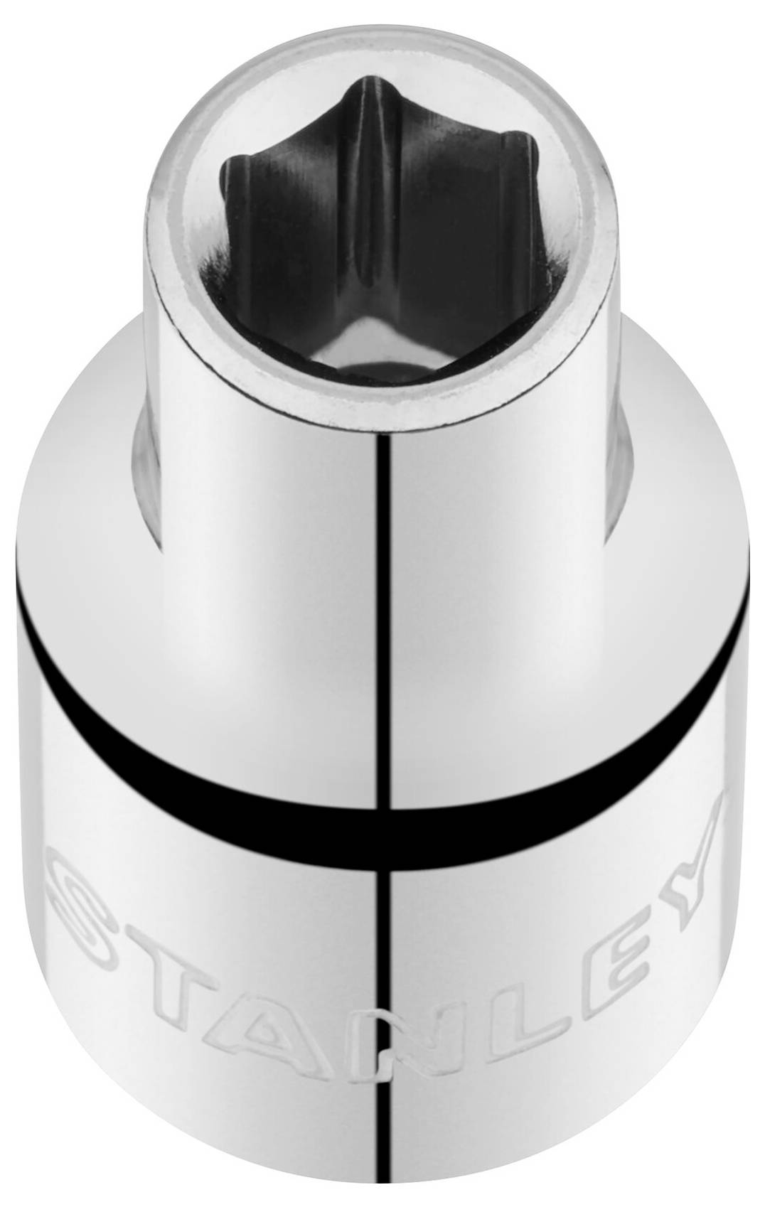 Nasadka klucza z gniazdem krzyżowym, o srebrnym, połyskliwym wykończeniu, z kwadratową podstawą, z poziomą, wytłoczoną sygnaturą 'STANLEY'.