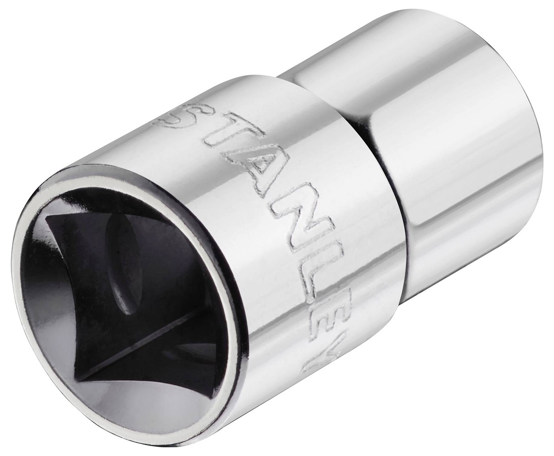 Srebrny klucz nasadowy z napędem czworokątnym, błyszcząco wypolerowany, z grawerowaną nazwą marki na boku, przeznaczony do dokręcania śrub i nakrętek.