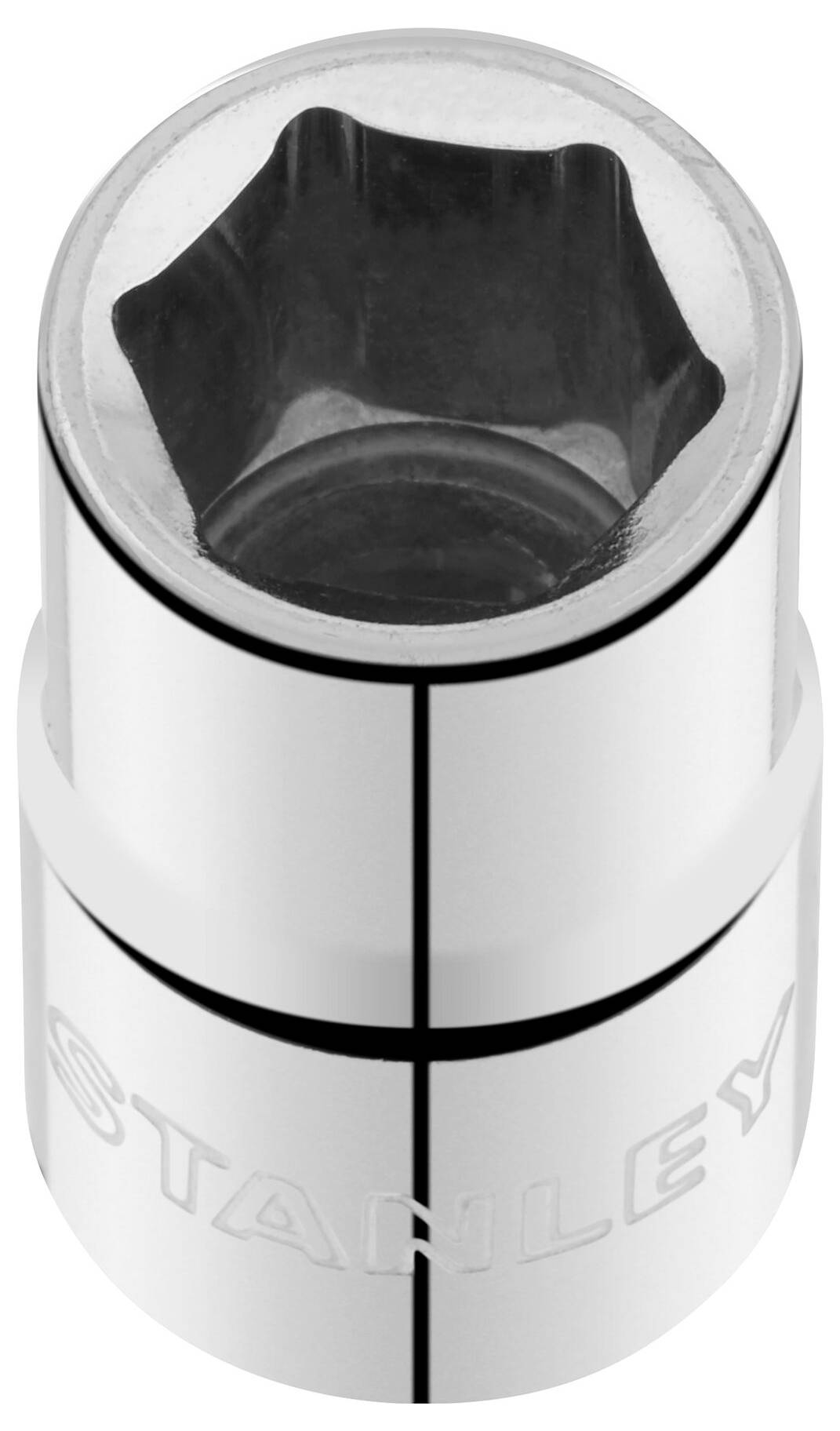 Sześciokątny metalowy adapter klucza nasadowego z wybitym logo marki, używany do śrub i nakrętek.