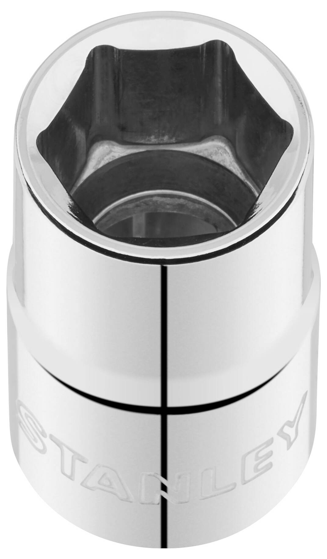 Srebrny klucz nasadowy z sześciokątnym otworem i połyskującą powierzchnią. Nazwa marki jest na nim wygrawerowana.