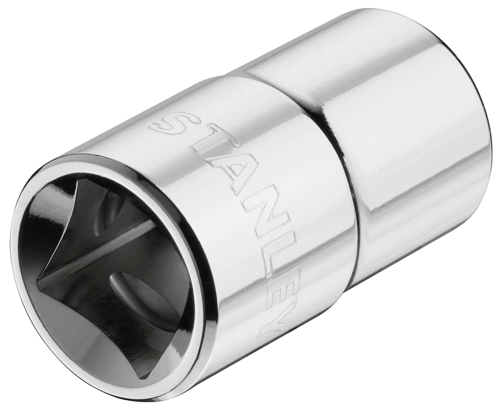 Chromowana nasadka Stanley w kształcie cylindra, o błyszczącej powierzchni, z wyraźnie wygrawerowanym oznaczeniem.