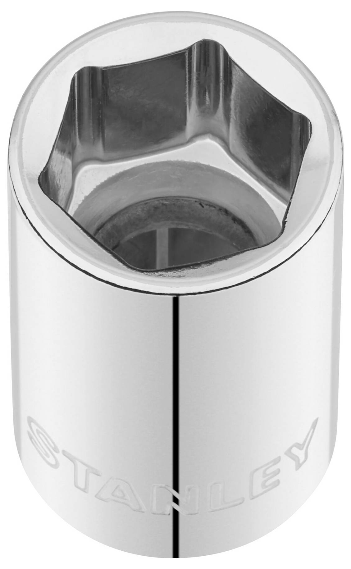 Sześciokątne gniazdo nasadowe z błyszczącą metalową powierzchnią, odpowiednie do śrub z łbem sześciokątnym.