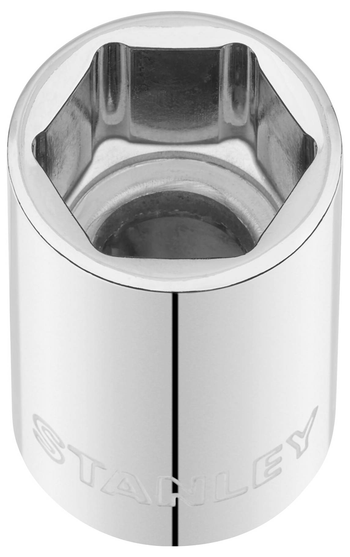 Sześciokątny klucz nasadowy, lśniąco chromowany, z wytłoczonym logo 'Stanley', przeznaczony do nakrętek.