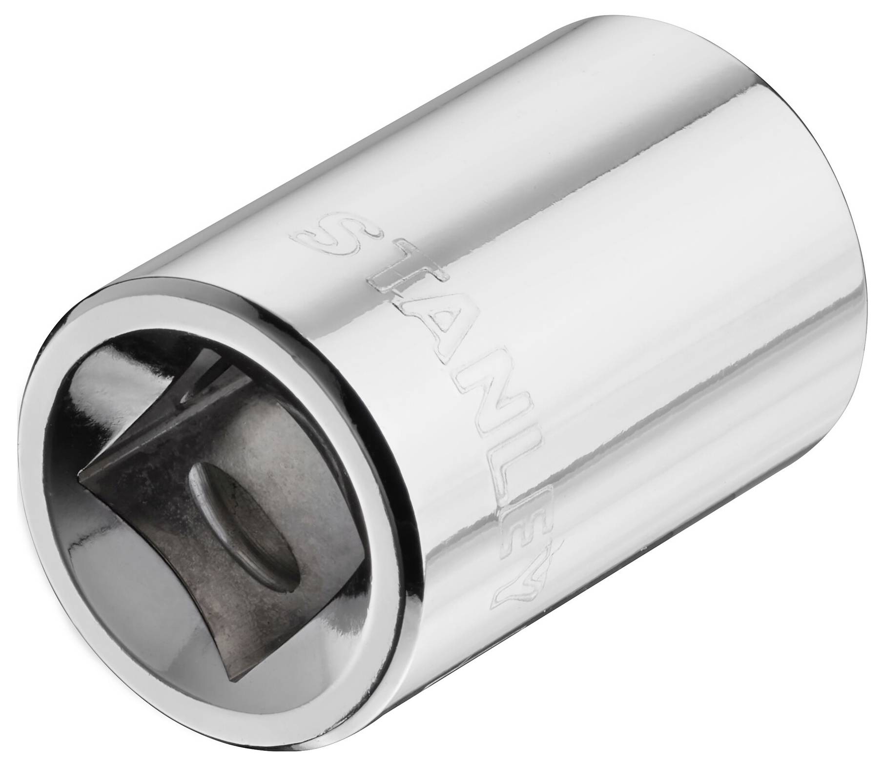 Chromowana nakrętka z bocznym nadrukiem 'Stanley', lekko zacieniowana, przytrzymująca metalowe narzędzia.