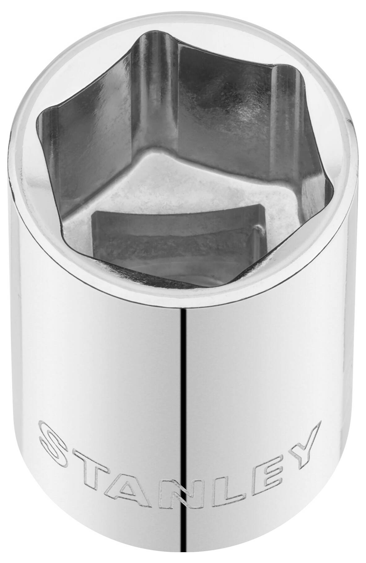 Srebrny metalowy klucz nasadowy z wygrawerowanym napisem 'STANLEY', posiadający sześciokątny otwór u góry.