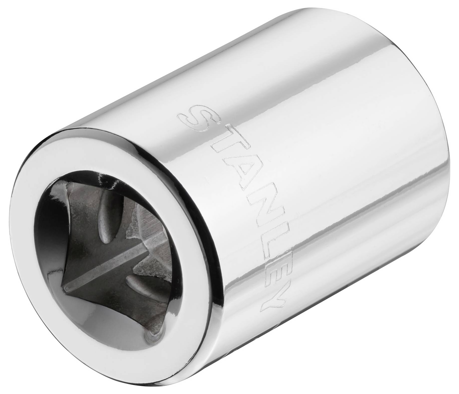 Srebrny klucz nasadowy firmy Stanley z napisem 'STANLEY', lśniący i cylindryczny, z kwadratowym gniazdem.