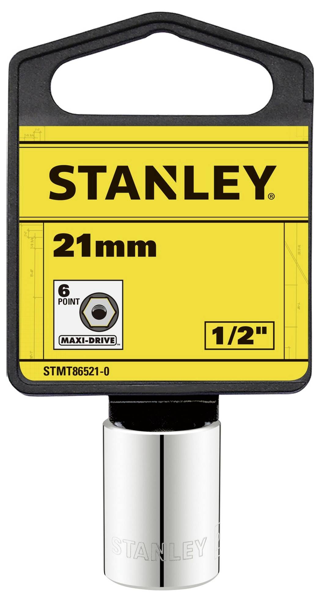 Nasadka Stanley 21 mm, 6-punktowa, z napędem 1/2 cala. Opakowanie przedstawia logo producenta i informacje o produkcie.