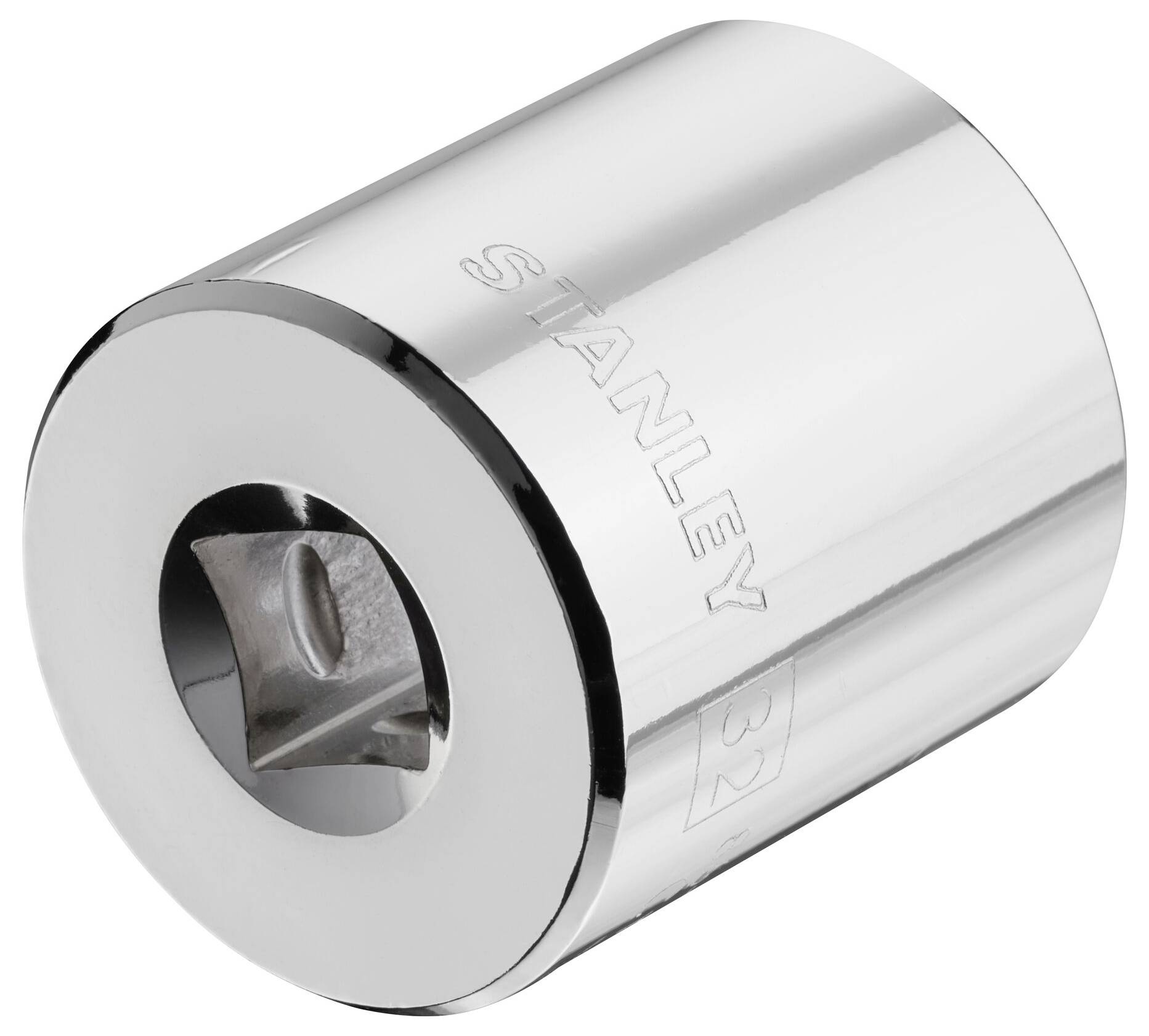 Srebrny orzech mocujący z kwadratowym otworem i grawerem 'Stanley' z boku.